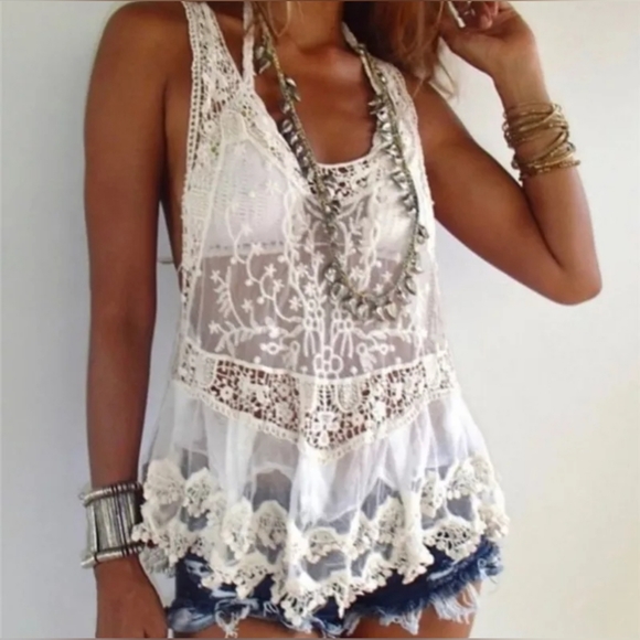 NEW Boho Embroidered Sheer Lace Racerback Tank Cover Up Tunic Top White - Picture 7 of 8